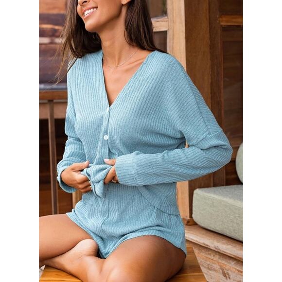 CUPSHE Women’s Ribbed Knit Button Down 2-Piece Pajama Set Long Sleeve Shorts L - Picture 5 of 6